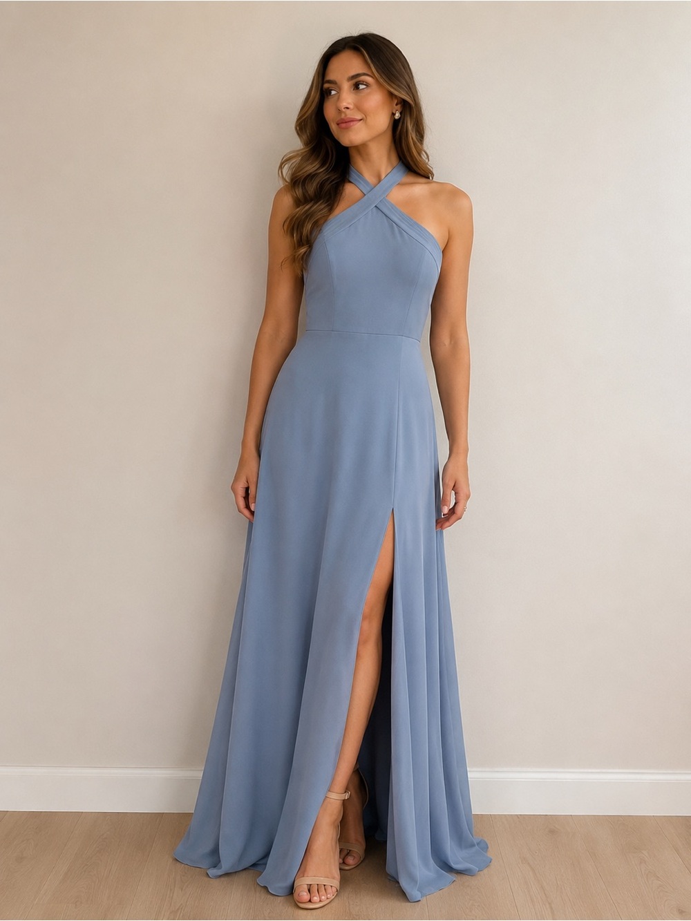 Azazie Dusty Blue A14 Cross Neck Halter Bridesmaid Dress Maxi Formal Gown Slit